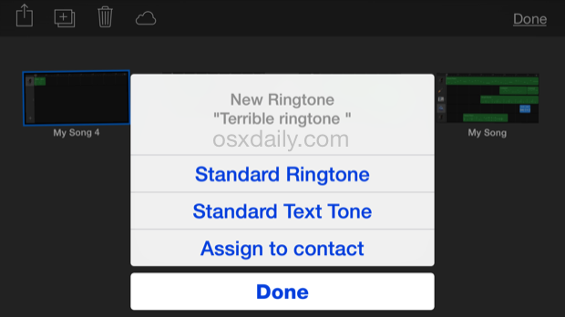 7-assign-ringtone-iphone-来自车库乐队”/>   </p>
<li>完成后，像往常一样退出 Garageband 并享受您新创建的铃声或短信铃声</li>
</ol>
<p>请记住，您可以随时更改铃声和短信铃声，因此如果您想稍后<a href=