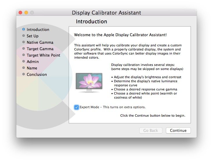 专家模式在显示颜色校准器 mac OS X