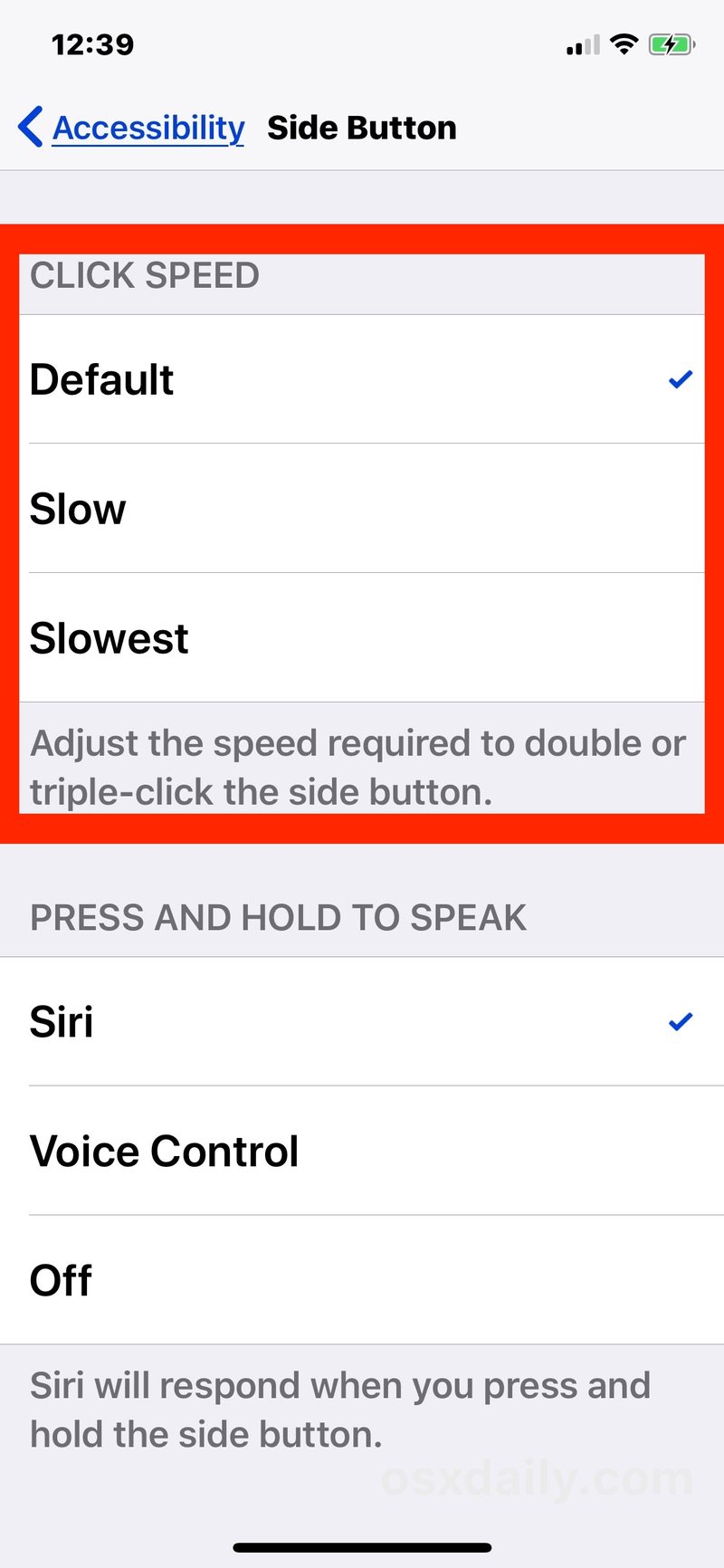 调整侧边按钮的点击速度在 iPhone X 上” />   </p>
<li>满意后退出设置</li>
</ol>
<p>侧边按钮的点击速度会立即发生变化，这让您无需离开“设置”应用即可立即测试差异。当然，您也可以随时返回“设置”重新调整侧边按钮的点击速度。</p>
<p>对于许多用户来说，保留默认设置是合适的，但其他一些 iPhone X 用户可能会喜欢在双击和三次按下 iPhone X 侧边按钮时有更多的回旋余地和宽容度。您可能还会发现降低点击速度实际上有帮助停止不小心调用某些功能，例如 Apple Pay 或辅助功能快捷方式，因为按下速度更加谨慎。亲自尝试一下，看看哪种方法最适合您。</p>
<p>默认情况下，<a href=