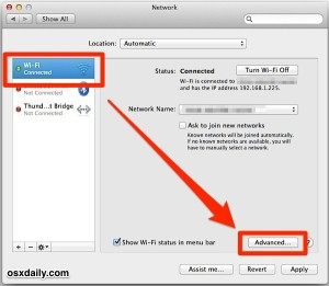 在 Mac 中转到高级 Wi-Fi 网络偏好设置OS X