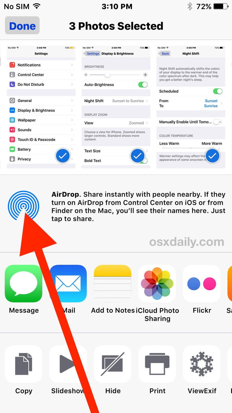 从 iOS 中的共享图标点击 AirDrop