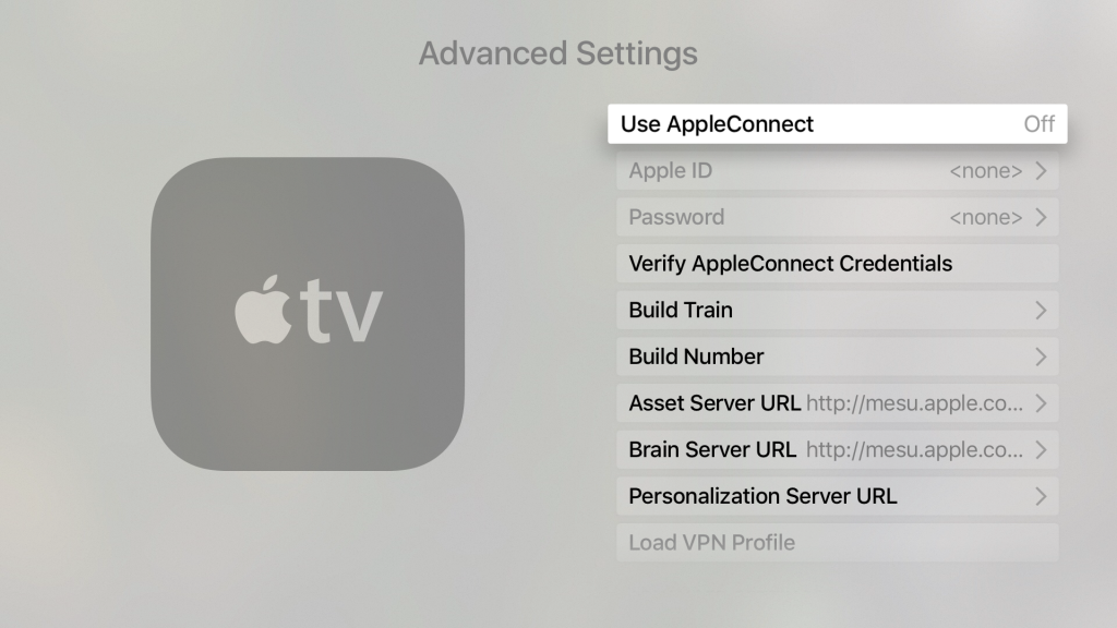 Apple TV 高级设置屏幕内部选项