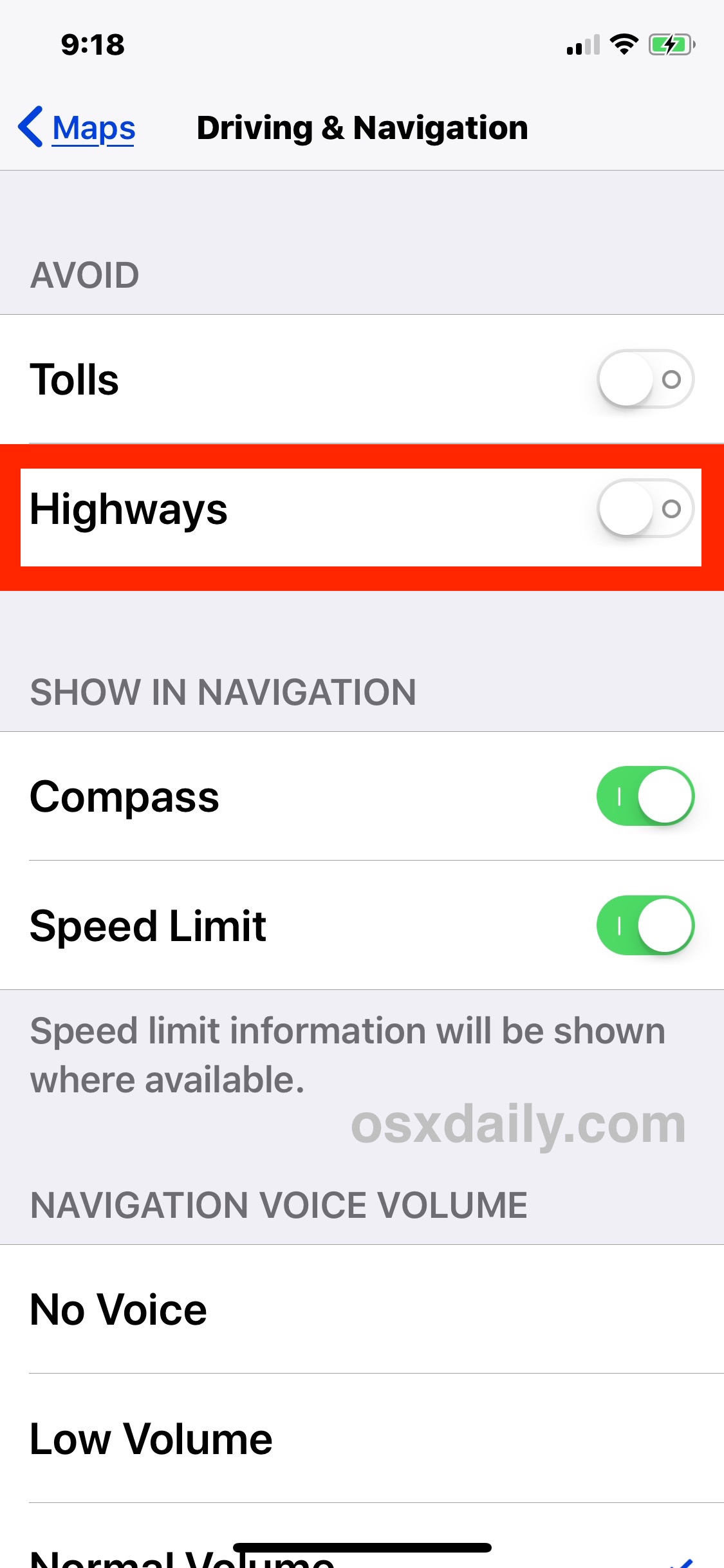 在 iOS 地图设置中避开高速公路