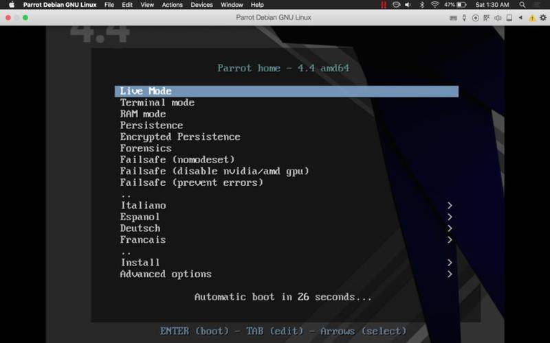 ParrotSec Live 模式启动在 Mac 上使用 Parallels