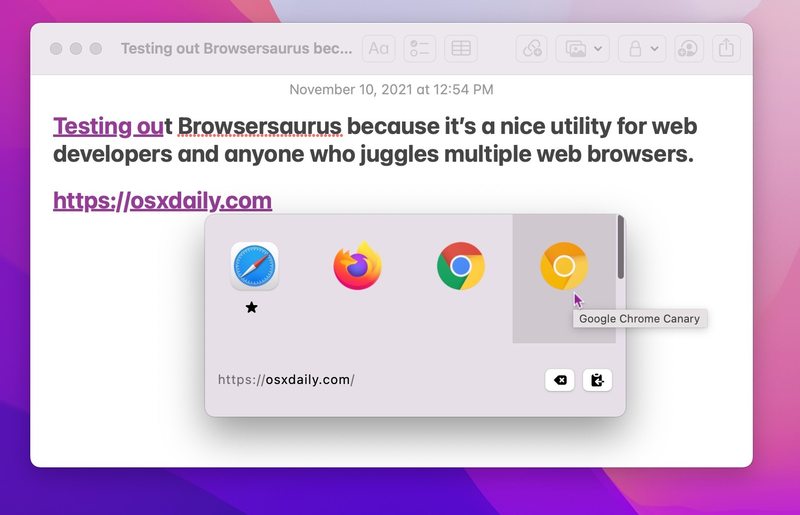 确定要打开的网络浏览器与 Browsersaurus 链接