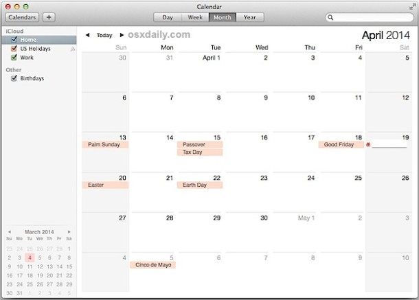 Mac OS X 中的日历假期