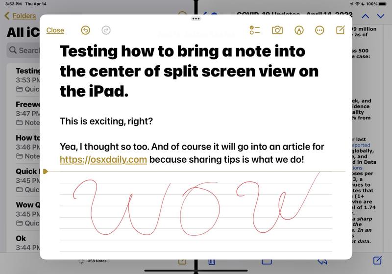 iPad 分屏视图中的居中笔记