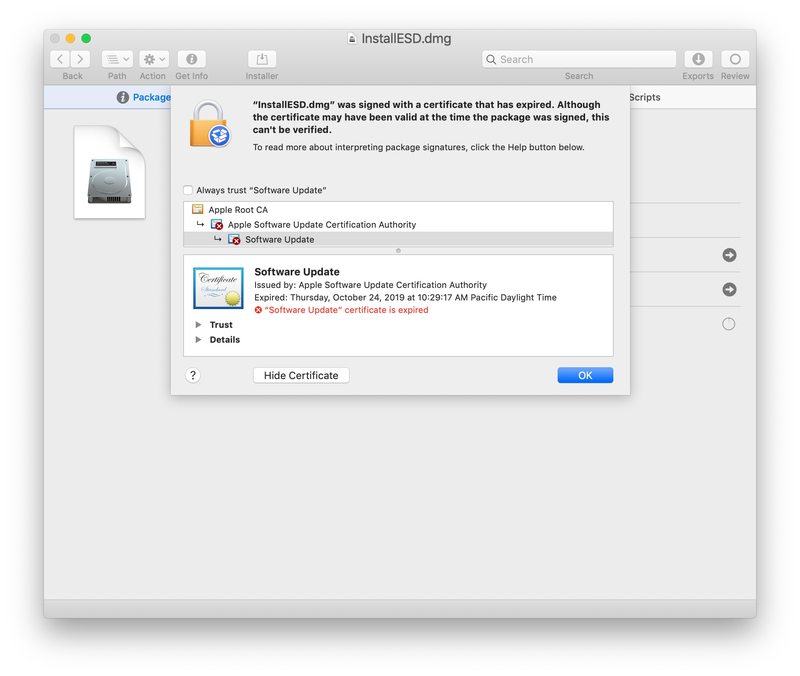 MacOS Mojave Installer 应用程序的证书已过期