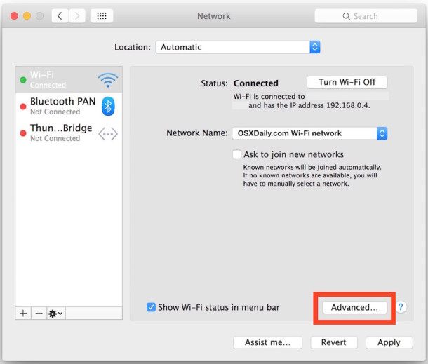 访问网络首选项面板中的 DNS 设置Mac OS X