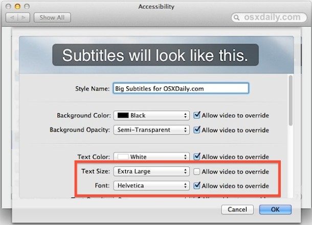更改字体大小Mac OS X 视频中的字幕