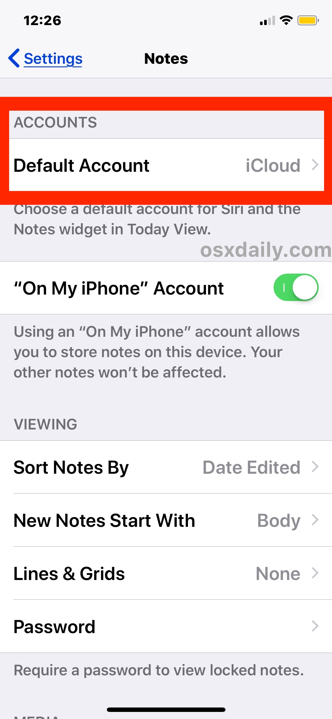 在 iOS 中更改 Notes 默认帐户