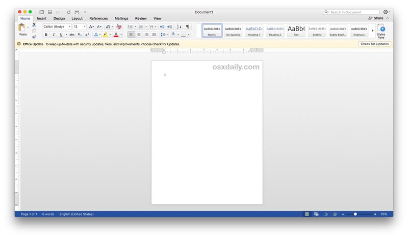 Microsoft Office 和 Word 应用程序使用默认的 Mac 视觉外观主题