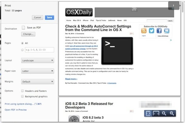 Chrome 自定义打印窗口在 Mac OS X 中