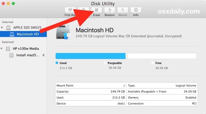 擦除硬盘用于执行 macOS High Sierra 全新安装