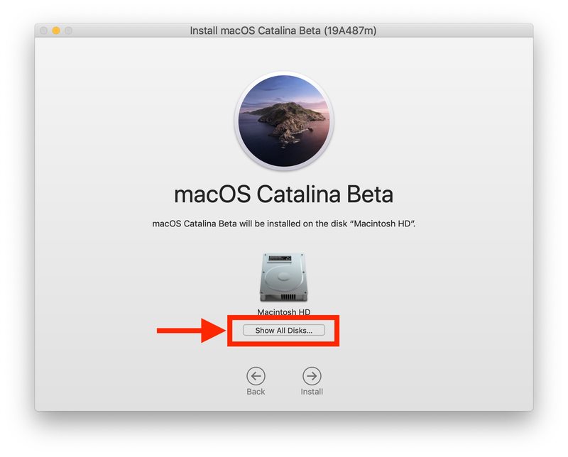 选择显示所有磁盘以查找另一个要安装 Catalina 的磁盘卷