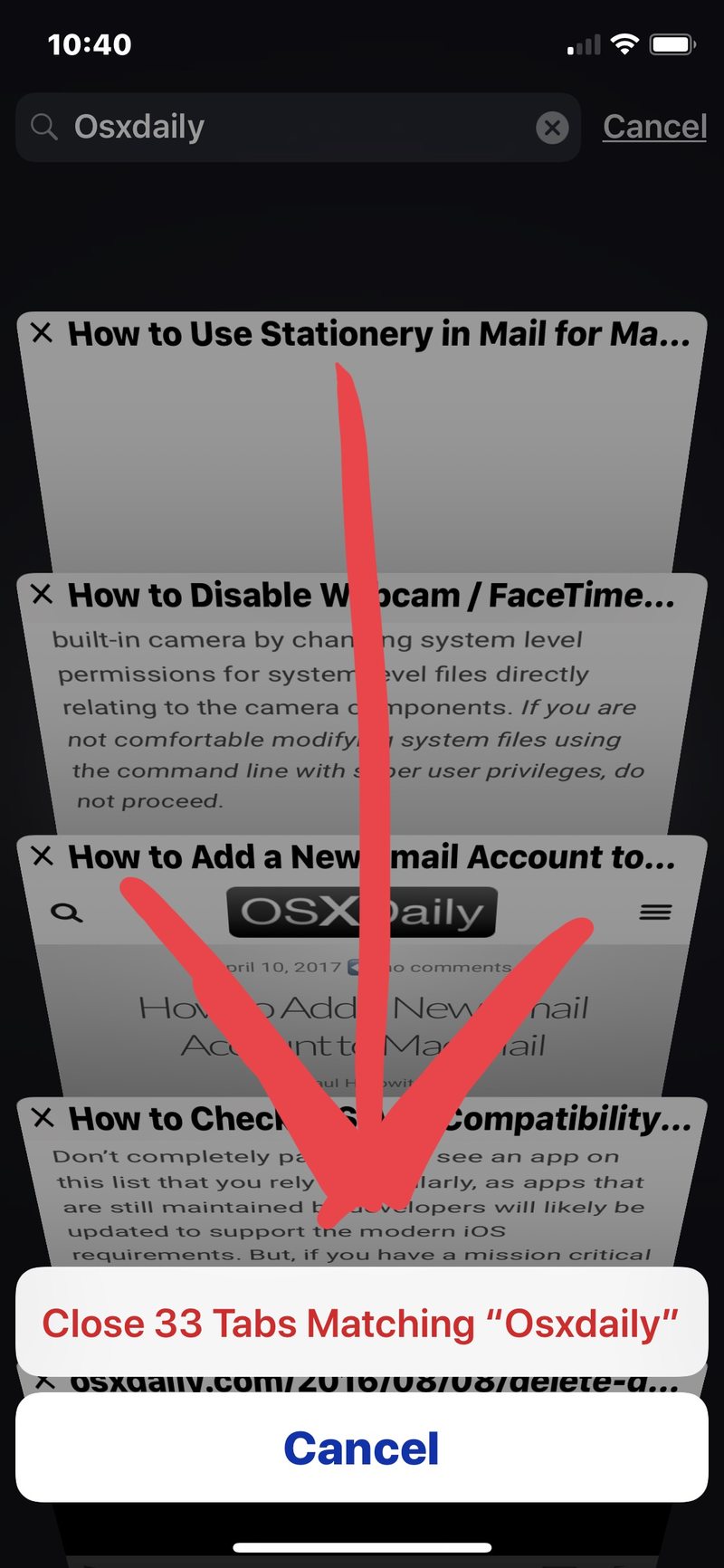 选择关闭匹配的标签适用于 iOS 的 Safari