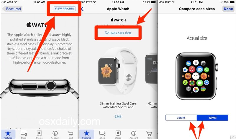 如何比较 Apple Watch 尺寸与 iPhone Apple Store 应用程序