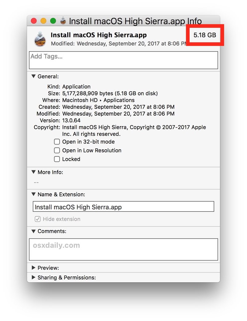 已下载完整的 macOS High Sierra 安装程序