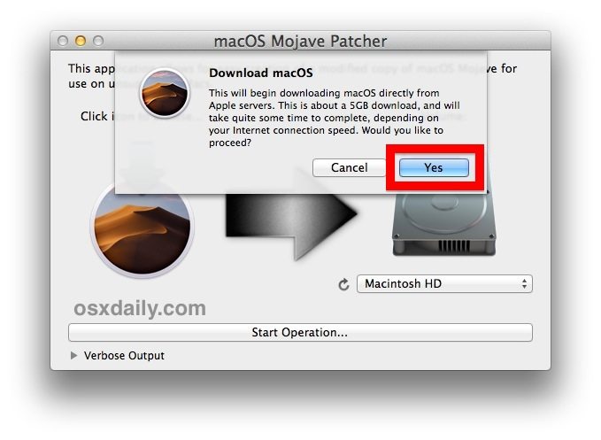 确认下载全尺寸macOS Mojave 安装程序
