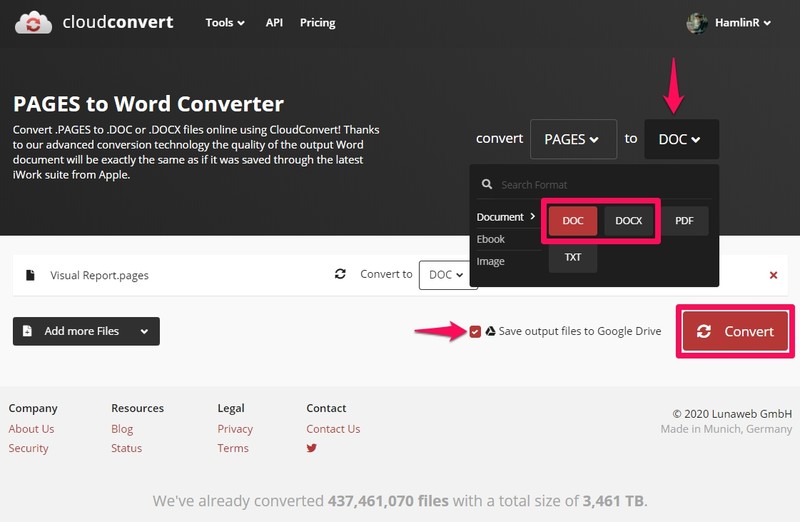 如何使用 CloudConvert 转换 Google Doc 中的页面文件