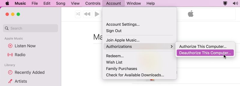 使用 Apple Music 取消授权或授权 Mac