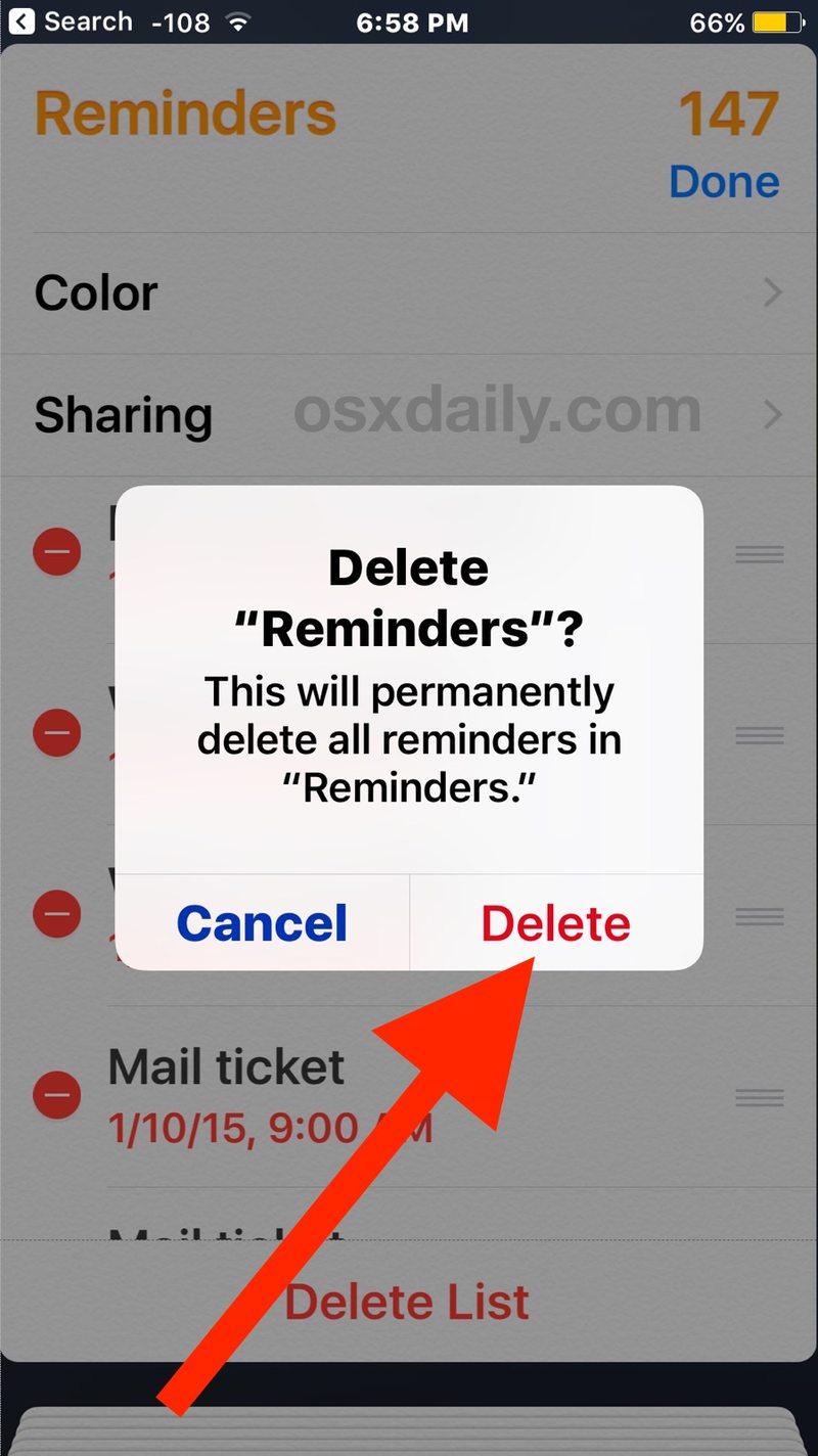 确认您要删除所有提醒在 iOS 中显示的列表中