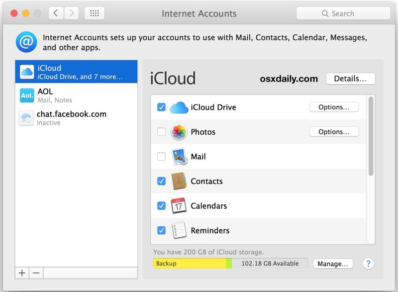 删除其他邮件帐户或互联网Mac OS X 中的帐户