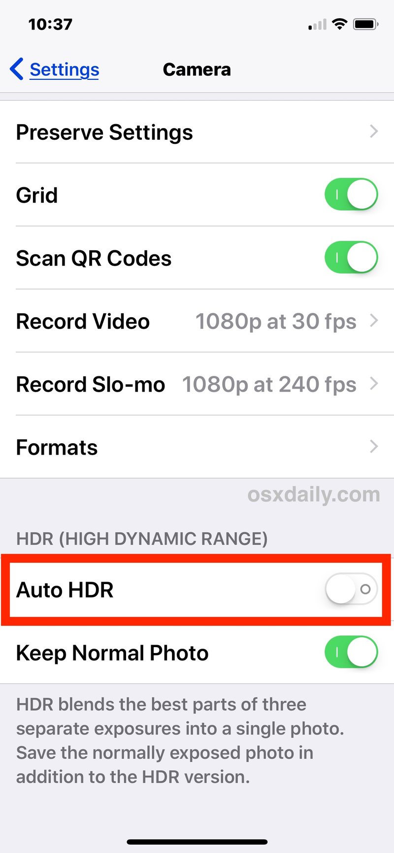 在 iPhone 相机设置中禁用自动 HDR