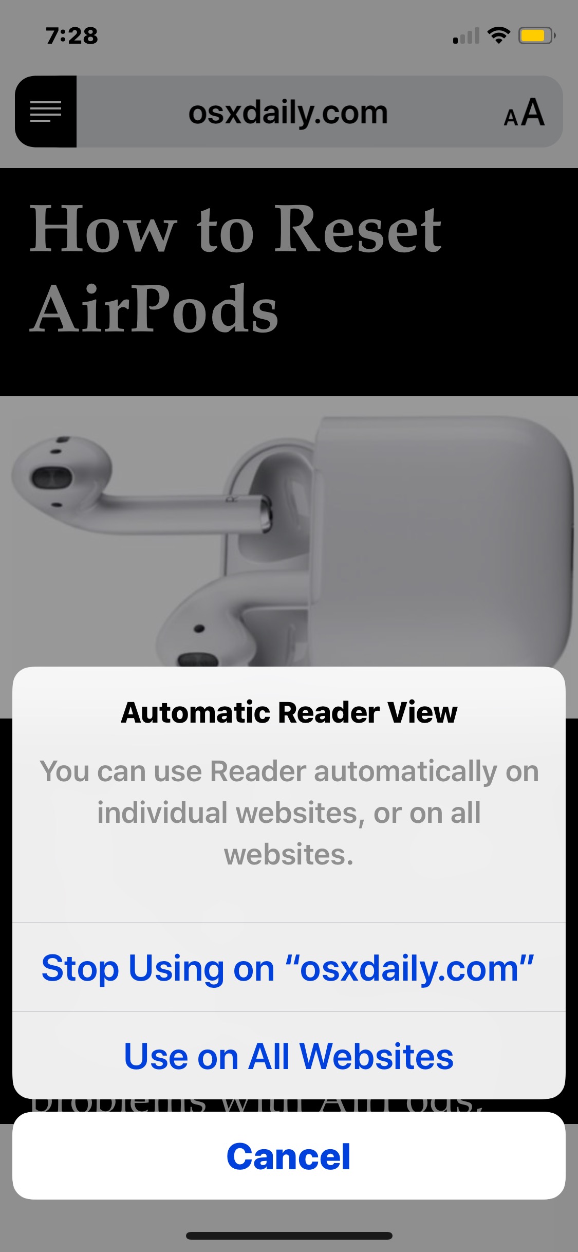 如何关闭自动阅读器在 iPhone 或 iPad 上的 Safari 中查看