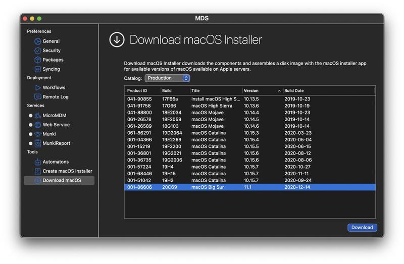使用 MDS 应用程序下载 macOS 安装程序