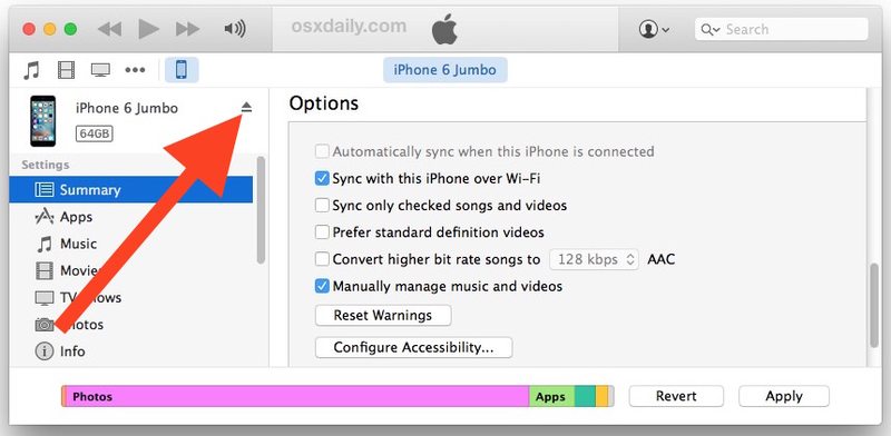 弹出 iPhone、iPad 或 iPod从 iTunes 触摸