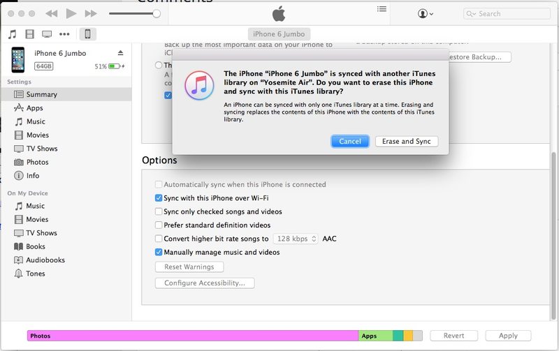 抹掉 iPhone 并同步使用 iTunes 资料库或不使用 iTunes 消息