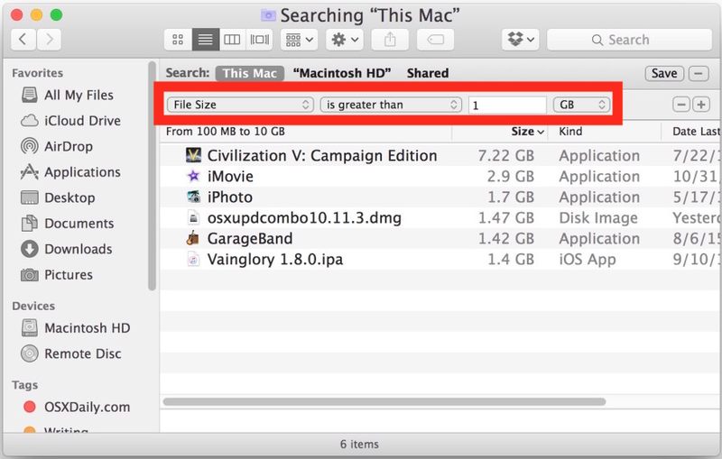 寻找大Mac OS X 搜索中的文件大小文件可以帮助清除已满的启动磁盘