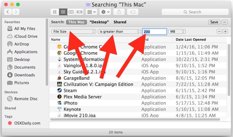 在 Mac OS 中查找大文件X 具有搜索功能