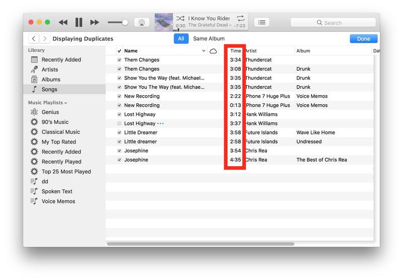 使用时间栏来帮助在 iTunes 重复查找列表中确定歌曲是否真的相同