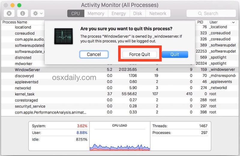 从 Mac OS X 中的活动监视器强制退出应用程序