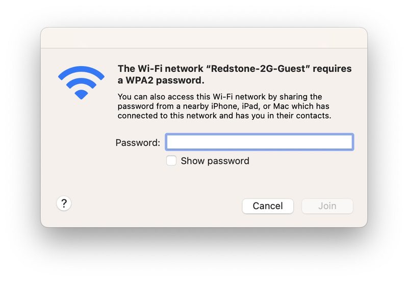 在 Mac 上加入 Wi-Fi 网络允许获取共享 Wi-Fi 密码