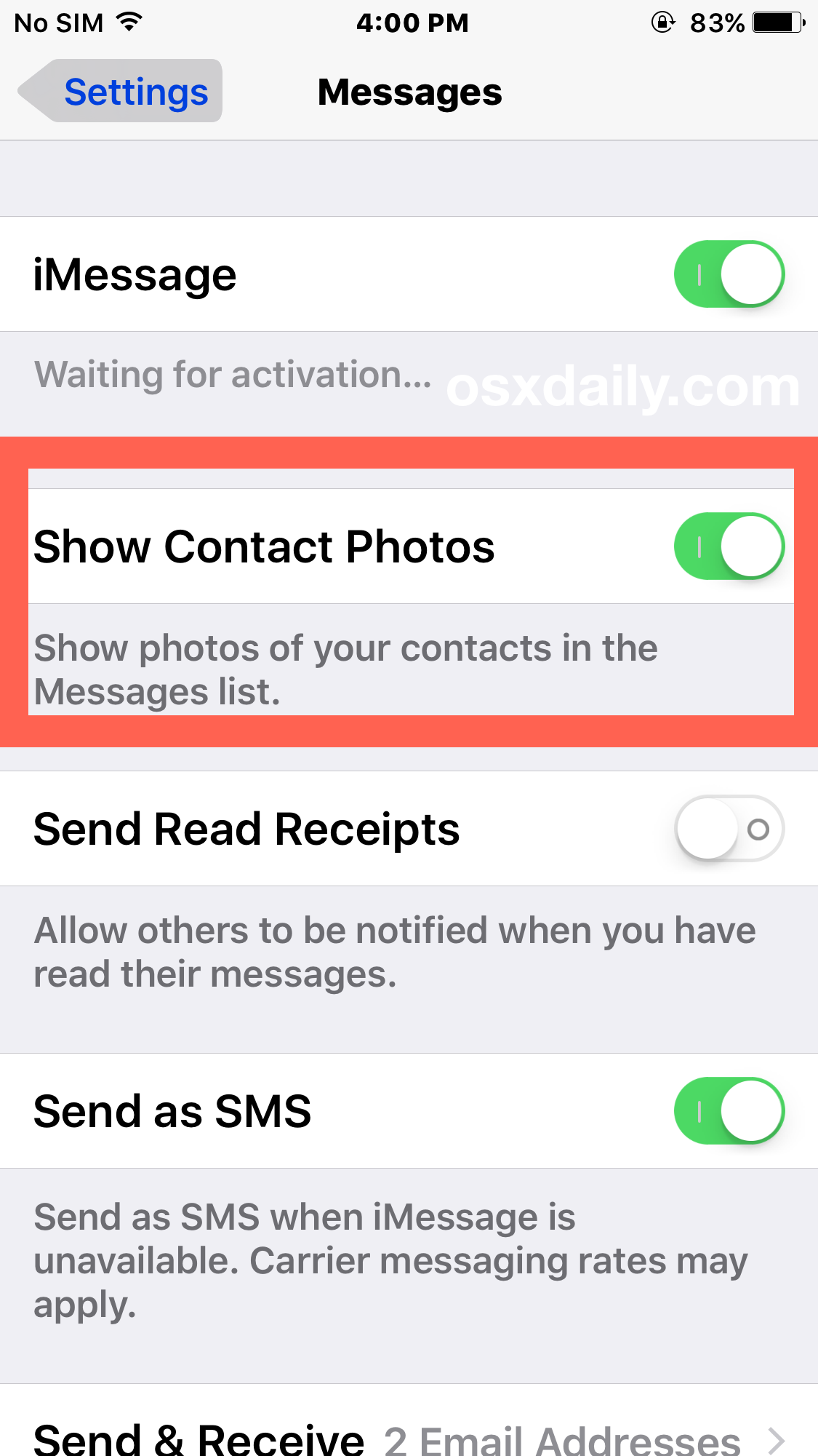 隐藏和显示联系人照片在 iOS 的消息应用程序中” />   </p>
<li>返回消息应用，消息列表现在没有任何联系人照片</li>
</ol>
<p>  <img decoding=