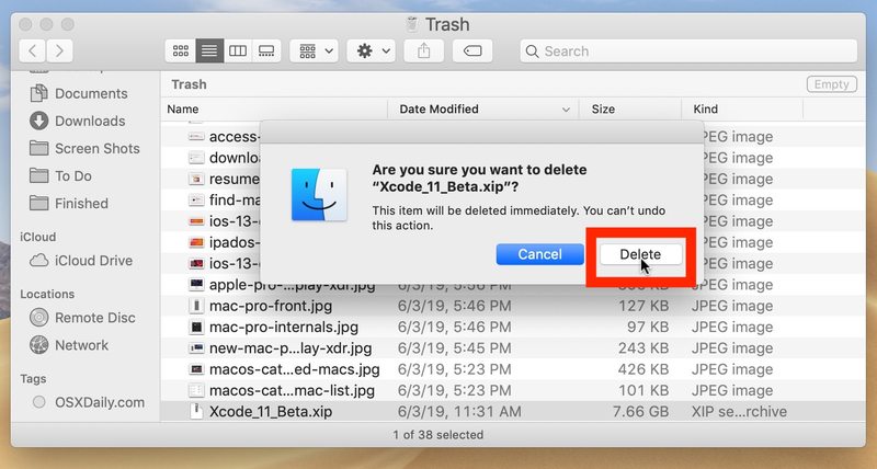 确认立即删除特定文件来自 Mac 上的废纸篓