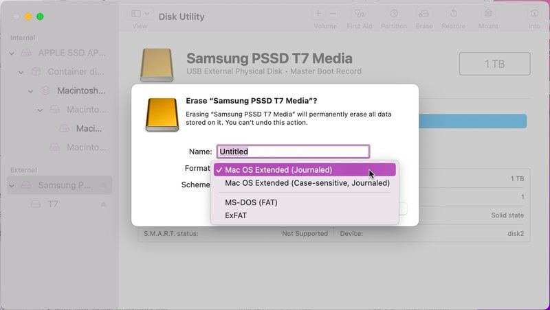 格式化 Mac 时选择备用文件系统类型USB 驱动器