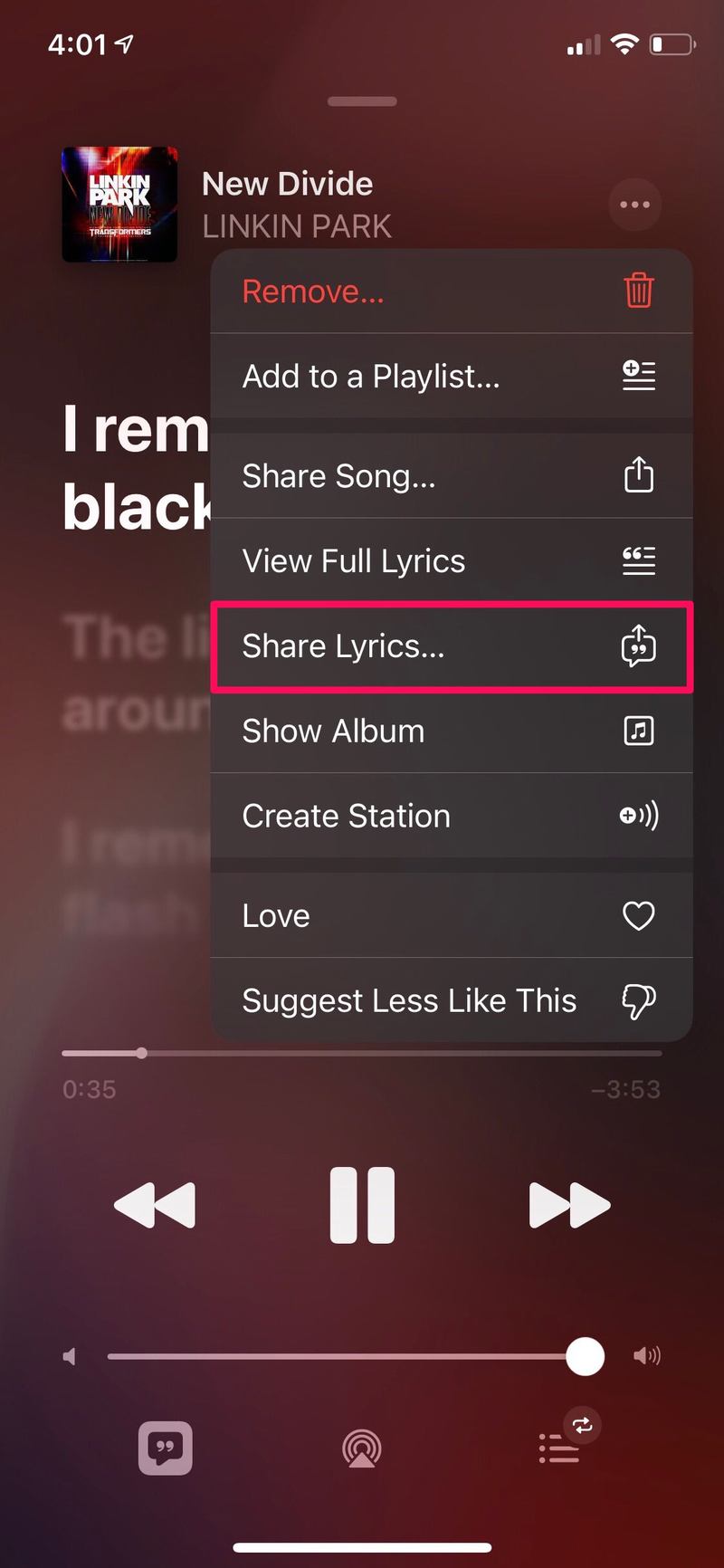 如何在 Apple Music 中分享歌曲歌词