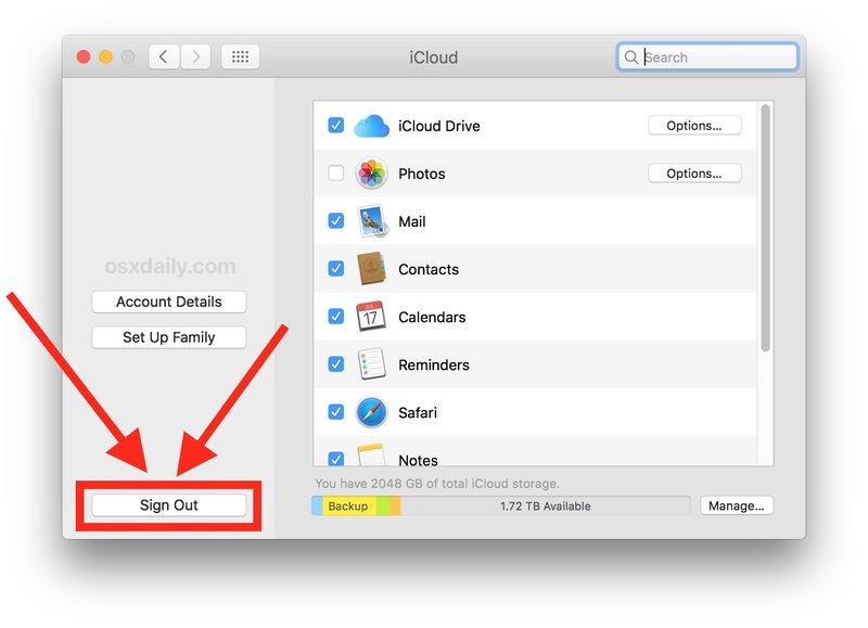 选择注销以删除来自 Mac 的 Apple ID 和 iCloud 帐户