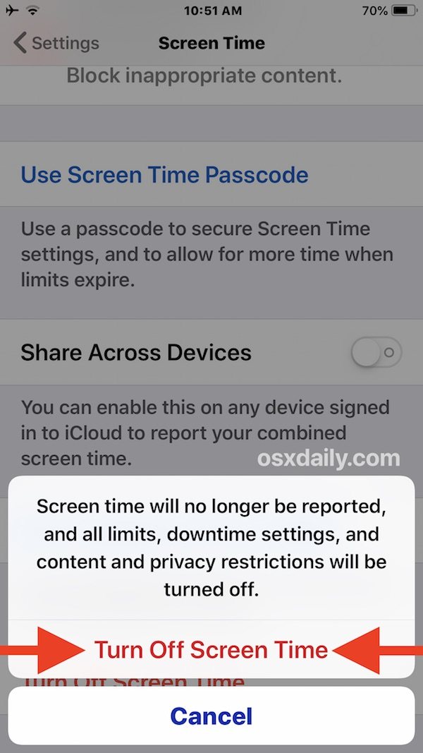 确认在 iOS 中禁用屏幕时间 