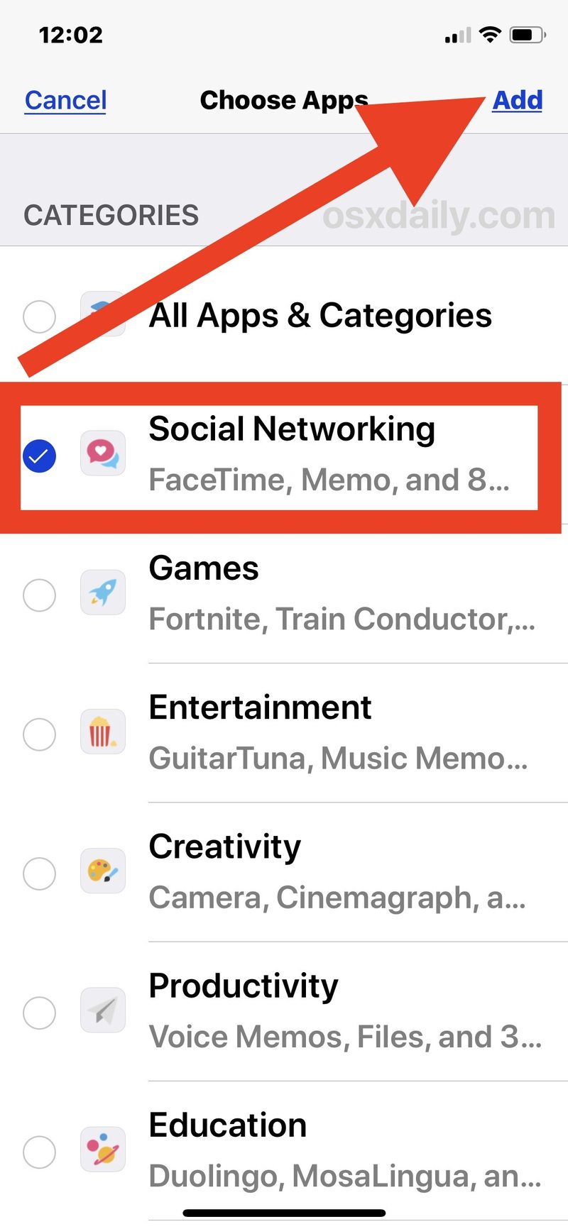 选择社交网络以在 iOS 屏幕时间中设置时间限制