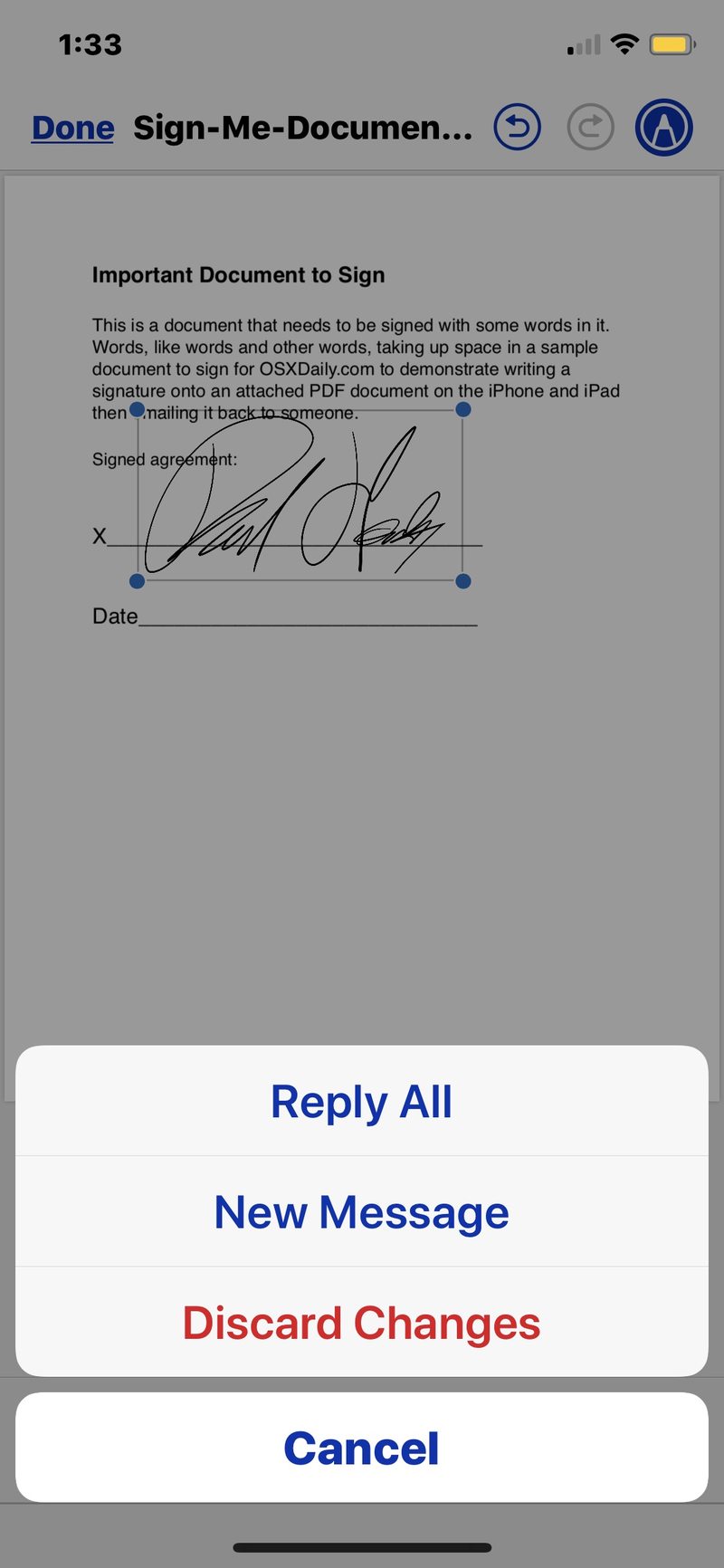 如何签署文件并返回直接从 iOS 上的邮件应用程序签名的文档