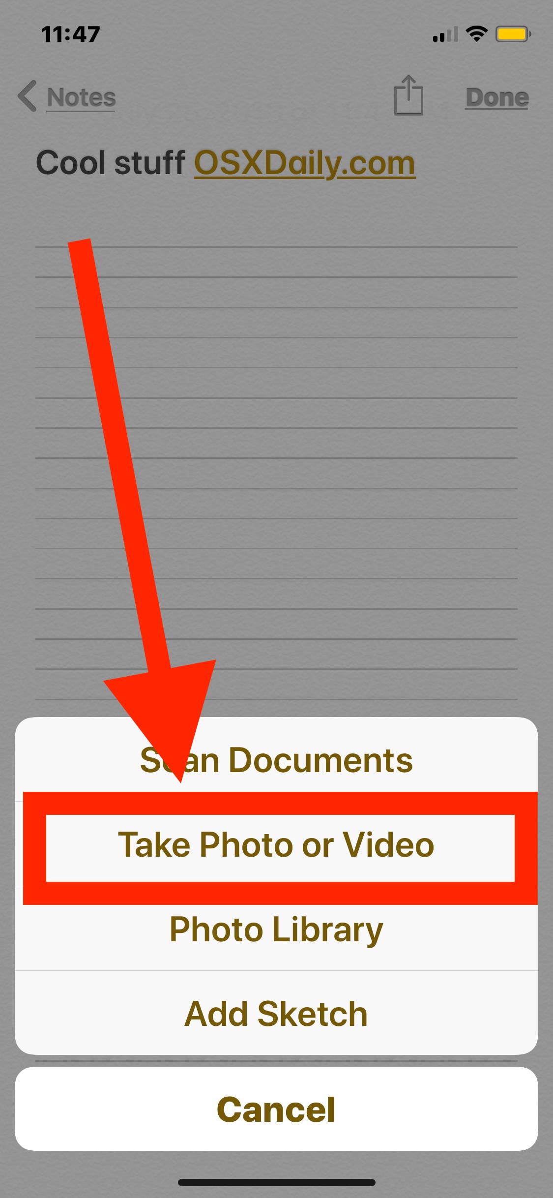 如何拍照或录像直接在 iOS 的 Notes 应用程序中