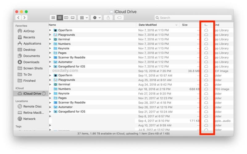 Mac Finder 中的 iCloud 状态指示器