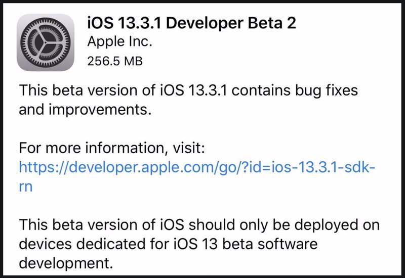 iOS 13.3.1 测试版 2下载