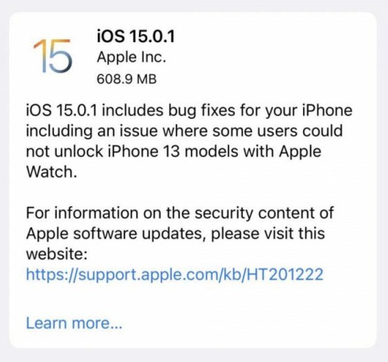 iOS 15.0.1 更新