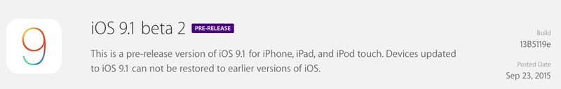 iOS 9.1 beta 2 在开发者上下载中心